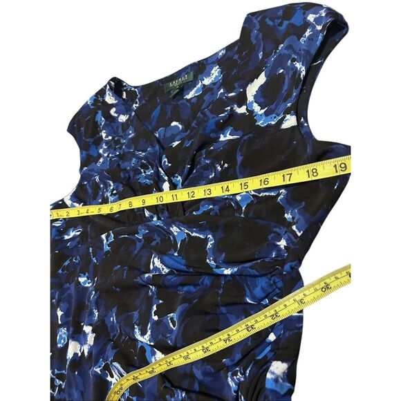 Lauren Ralph Lauren Blue Black Abstract Print Ruched Wrap Dress Cap Sleeve Size - Picture 7 of 11